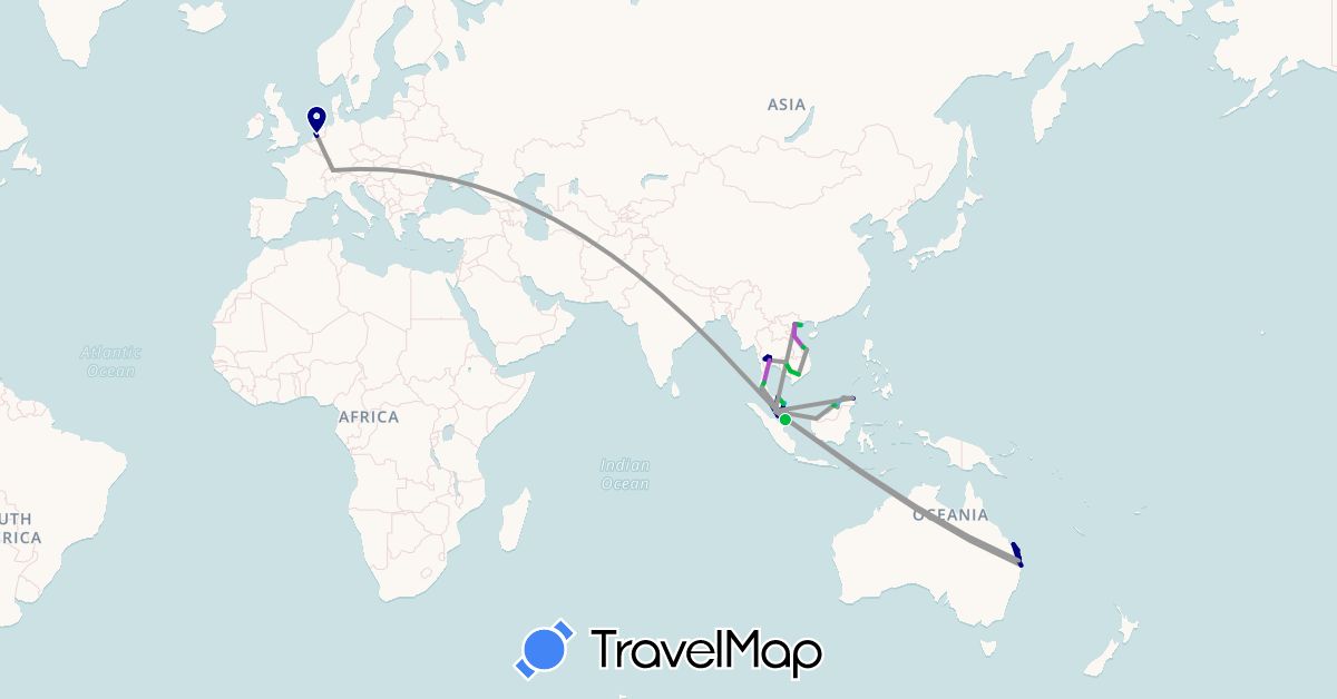TravelMap itinerary: driving, bus, plane, train, boat in Australia, Brunei, Switzerland, Cambodia, Malaysia, Netherlands, Singapore, Thailand, Vietnam (Asia, Europe, Oceania)